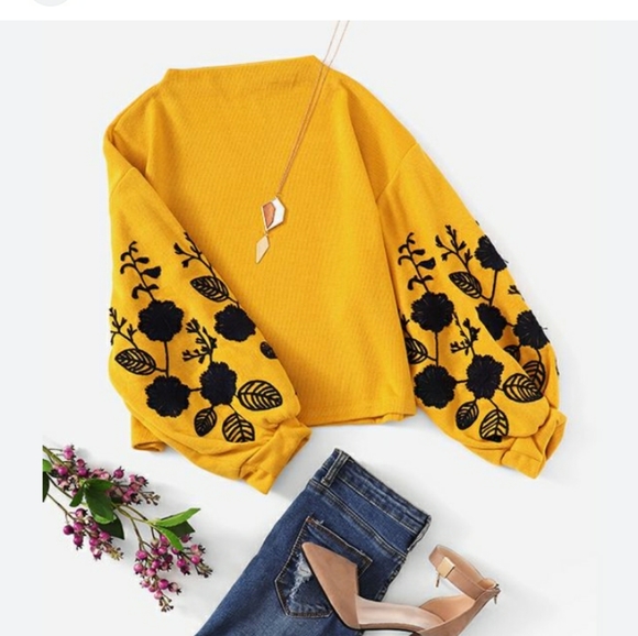 Sweaters - Mustard with Black Floral Sleeves Slightly Cropped Sweater 2X